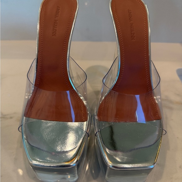 Amina Muaddi Lucite Silver Platform Heels - Picture 3 of 12